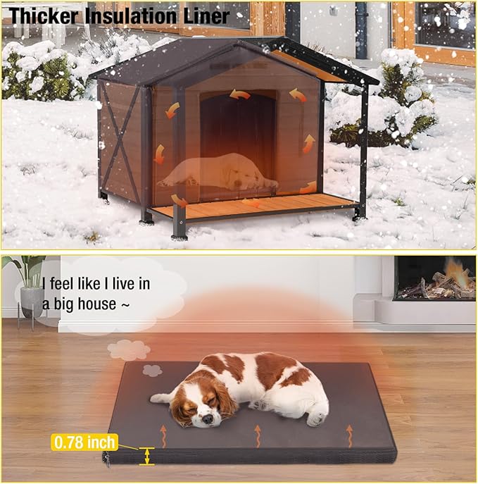 Aivituvin Dog House Outdoor with Metal Frame, Insulated Dog Kennel Outside for Large Breed, 41.5" Weatherproof Large Dog Shelter with Insulated Liner, Brown (41.38" D x 41.54" W x 34.05" H)