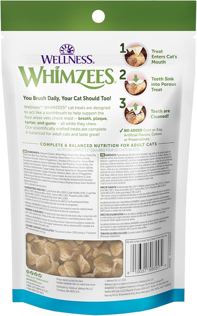 WHIMZEES Wellness Cat Dental Treats, Natural Chews, Chicken and Tuna Flavor, (2 Ounce Bag)