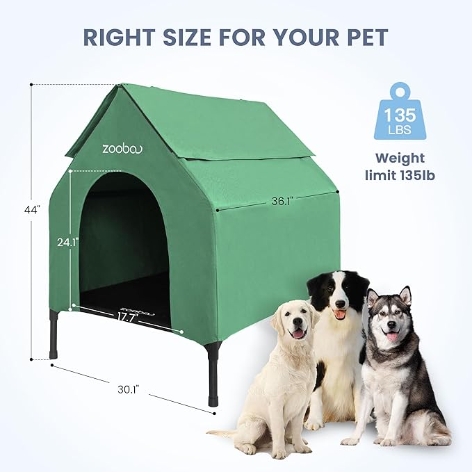 36" Large Dog House for Large Dog Indoor or Outside, Weatherproof 600D PVC Outdoor, Featuring Breathable 2x1 Textilene Elevated Dog Bed, Easy Clean (Green)