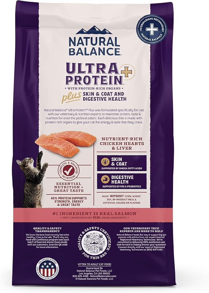 Natural Balance Ultra Protein Plus Dry Cat Food, Skin & Coat and Digestive Health Real Salmon & Chicken Meal Recipe with Chicken Liver & Chicken Heart, High Protein Cat Food for Picky Cats - 2.5 lbs
