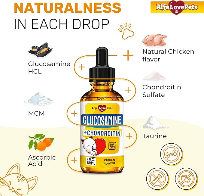 Cat Joint Supplement for All Breeds ā Glucosamine for Cats and Kittens ā Glucosamine, Chondroitin, MSM for Hip & Joint Care ā Natural Ingredients with Chicken Flavor ā 2 Oz