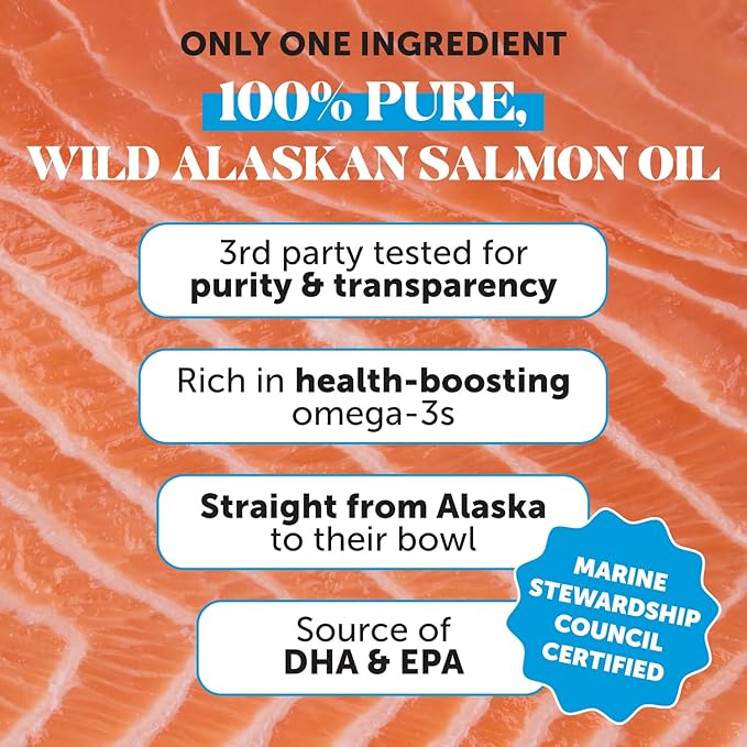 Wild Alaskan Salmon Oil, Omega-3 Fish Oil for Dogs and Cats, Fatty Acids, Salmon Oil for Dogs, Skin and Coat Health, Pure Dog Food Topper, Supports Joints, Brain & Heart Health - 16 oz