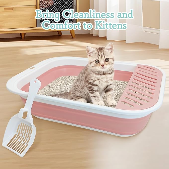 Fhiny Cat Litter Box Portable Shallow Litter Box 17.7"x13.4"x4.9" Foldable Cat Toilet with Scoop Open Kitty Potty Pan with Litter Drop Pedal Easy to Clean Travel Kitten Toilet(Pink)