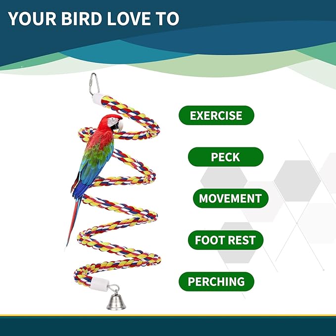 2Pcs 63'' Bird Rope Perches Birdcage Swing Toys 100% Cotton Natural Bird Perch Peck/Chewing with Bell Climbing Standing Bungee Parrot Toys for Small to Regular Size Parrot Cockatiel Birds