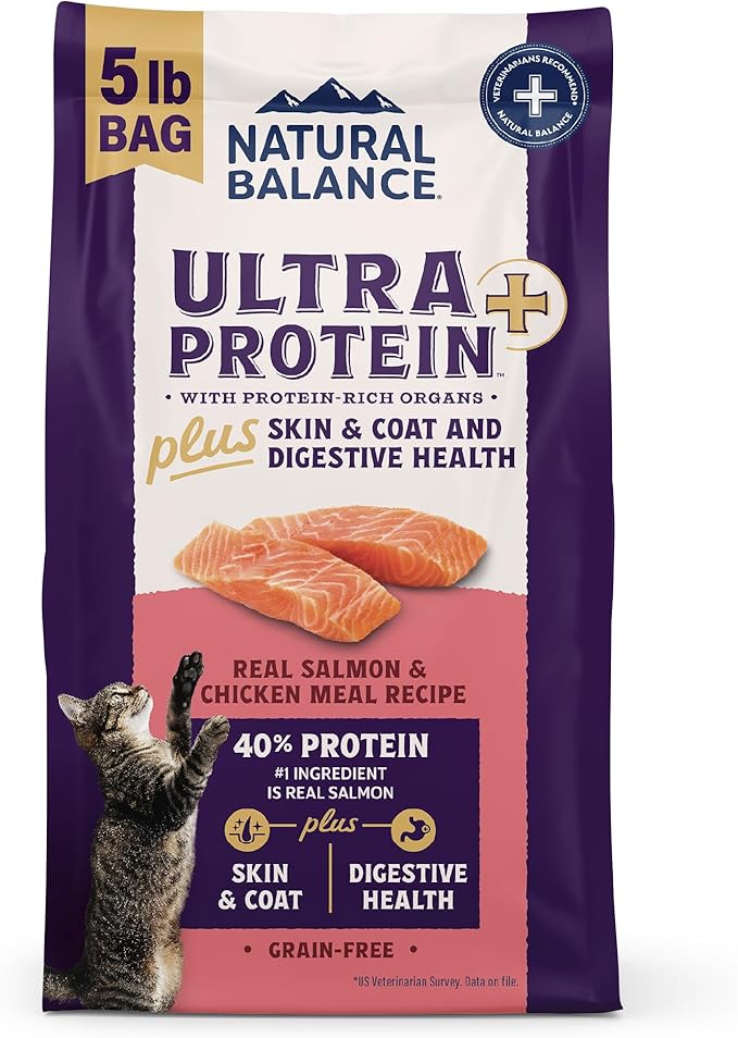 Natural Balance Ultra Protein Plus Dry Cat Food, Skin & Coat and Digestive Health Real Salmon & Chicken Meal Recipe with Chicken Liver & Chicken Heart, High Protein Cat Food for Picky Cats - 5 lbs