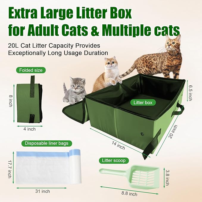 20x14x6.5 Inches, Upgraded Portable Cat Travel Litter Box with Zipped Lid & 10 Liners, Leak-Proof and Foldable Travel Cat Litter Box for Hotels, Car, and Camping, Odor-Free & Waterproof (Army Green)