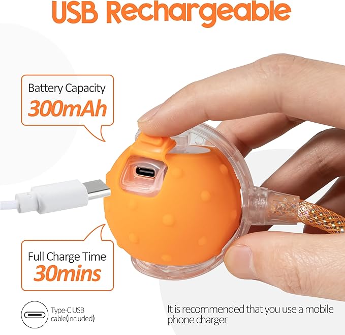 Interactive Cat Toys Ball for Indoor Cats, Automatic Moving Ball Toy with Elastic Mesh Tail, Chirping & Obstacle Avoidance and Motion Activated, Orange【Rechargeable】