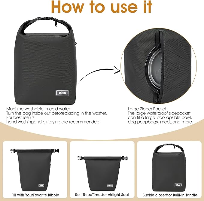 Pet Food Storage Bag,Dog Food Travel Bag with 2PCS Collapsible Dog Travel Bowls,Waterproof Kibble Storage Container for Road Trips, Camping (Black, Small)