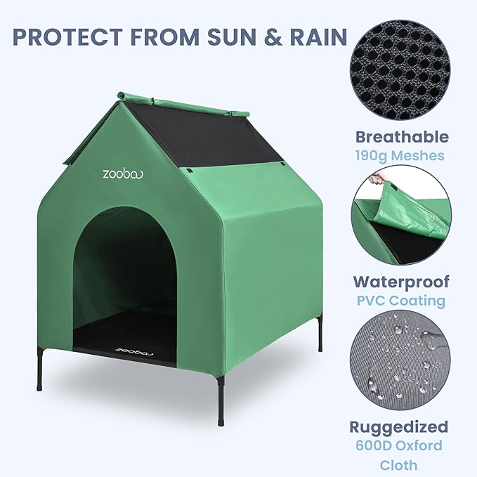 36" Large Dog House for Large Dog Indoor or Outside, Weatherproof 600D PVC Outdoor, Featuring Breathable 2x1 Textilene Elevated Dog Bed, Easy Clean (Green)