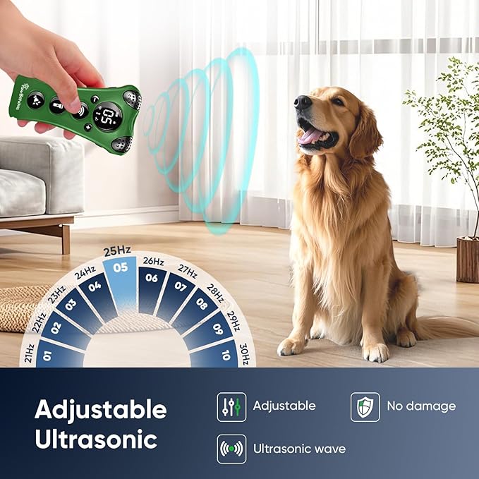 Adjustable Ultrasonic Dog Trainer β World's 1st Variable Frequency Pet Behavior Corrector with 10 Level Ultra Sound, 18 Dog Whistles, Anti-Bark Strobe Light, Humane Deterrent (Dark Green)