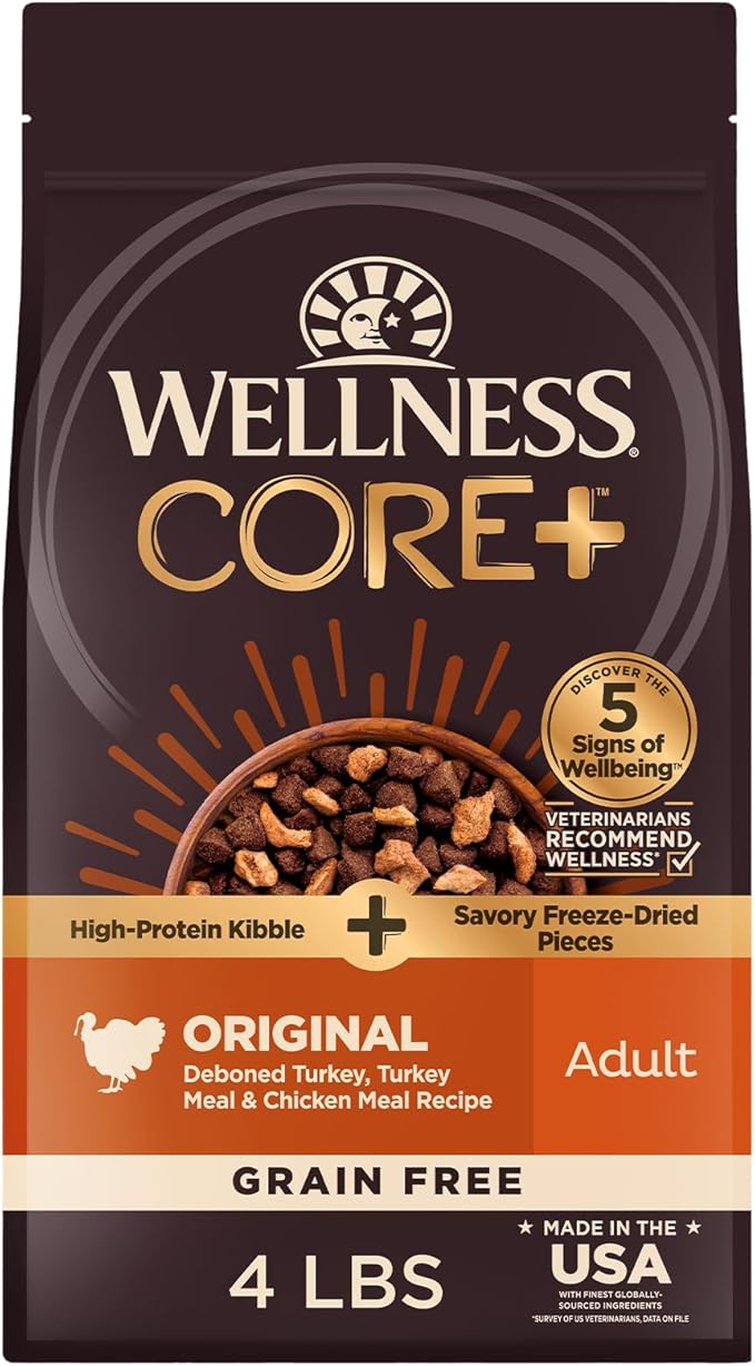 Wellness CORE+ (Formerly RawRev) Natural Grain Free Dry Dog Food, Original Turkey & Chicken with Freeze Dried Turkey, 4-Pound Bag