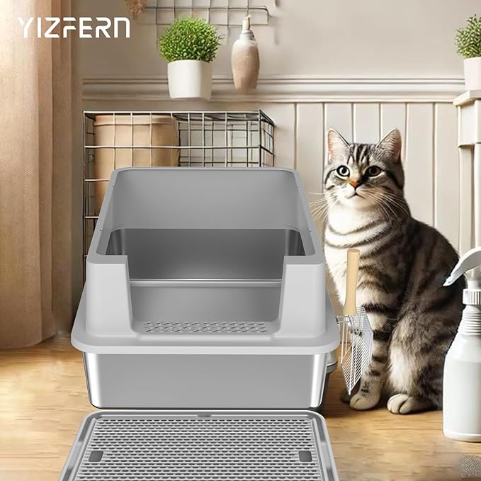 Stainless Steel Litter Box - 28" Extra Large XXXL Cat Litter Box with High Sides, Non-Sticky & Anti-Leakage for Big Cats/Multiple Cats, Includes Heavy Duty Metal Scoop, Grey