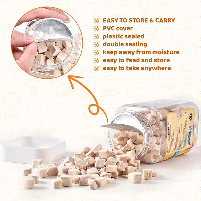 Meaty feast Freeze Dried Chicken Cat & Dog Treats for Training, Healthy High Protein Limited Single Ingredient Pet Food Snacks for Small, Medium, and Large Dogs Cats(Raw Chicken Breast Cubes, 5oz)