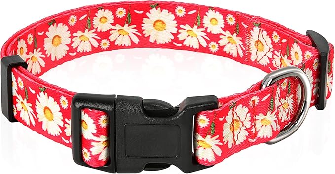 HEELE Dog Collar, Adjustable Soft Dog Collar for Small Medium Large Dogs,Daisy Floral Patterned Puppy Collars with Quick Release Buckle Daisy Red M Length 13.39''-20.87''