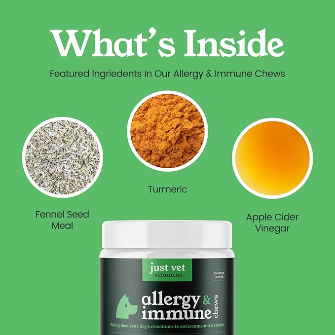 Allergy & Immune Chews for Dogs with Apple Cider Vinegar, Turmeric, Fennel Seed Meal, and Salmon Oil – Supports Digestive Health and Seasonal Allergy Relief – 90 Soft Chews
