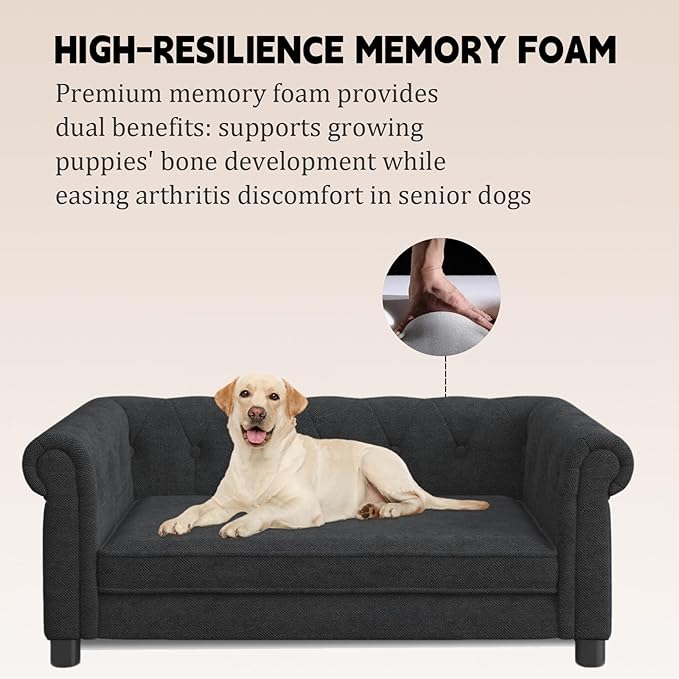 39" Dog Sofa Couch Bed for Small to Large Dogs, Soft Memory Foam Pet Sofa with Removable Cover, Comfortable Pet Couch with Backrest and Armrests, Easy to Clean and Maintain