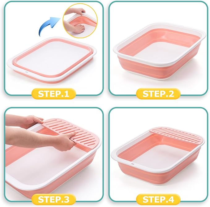 Open Top Cat Litter Box, Large Foldable Cat Potty Height-Adjustable Sides Anti-Splash, Open Air Kitty Litter Pan No Smell, Cat Toilet Easy Clean with Cat Litter Scoop (Pink)