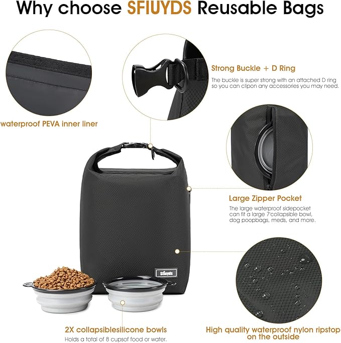 Pet Food Storage Bag,Dog Food Travel Bag with 2PCS Collapsible Dog Travel Bowls,Waterproof Kibble Storage Container for Road Trips, Camping (Black, Small)