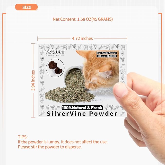 Cat Toys - Silvervine Powder 45g with 5 Resealable Pouches, Catnip Alternative, 100% Natural Silver Vine Gall Fruit Powder, Matatabi Cat Toy, Suitable for All Cat Ages