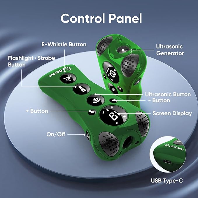 Adjustable Ultrasonic Dog Trainer β World's 1st Variable Frequency Pet Behavior Corrector with 10 Level Ultra Sound, 18 Dog Whistles, Anti-Bark Strobe Light, Humane Deterrent (Dark Green)