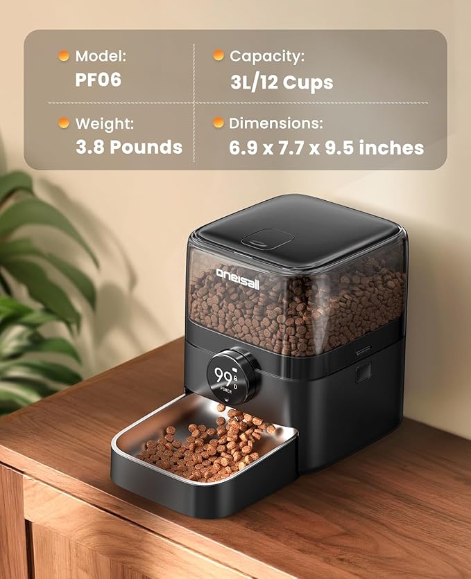 oneisall Cordless WiFi Automatic Cat Feeder, Tasty S2 Pro Rechargeable 100-Day Battery Operated Pet Feeder, 12 Cups/3L Timed Cat Food Dispenser for Large Kibble, Smart App Control (Black)