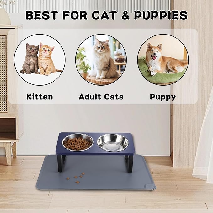 Upgraded Elevated Cat Bowls with Food Mat,15°Tilted Stand Anti Vomiting Raised Cat Dishes for Food and Water,2 Stainless Steel Bowls for Cats and Puppies(Navy Blue)