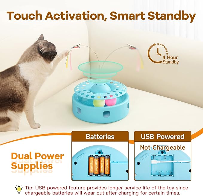 Potaroma Cat Toys 3-in-1 Automatic Interactive Kitten Toy, Fluttering Butterfly, Random Moving Ambush Feather, Track Balls, Dual Power Supplies, USB Powered, Indoor Exercise Cat Kicker (Blue)