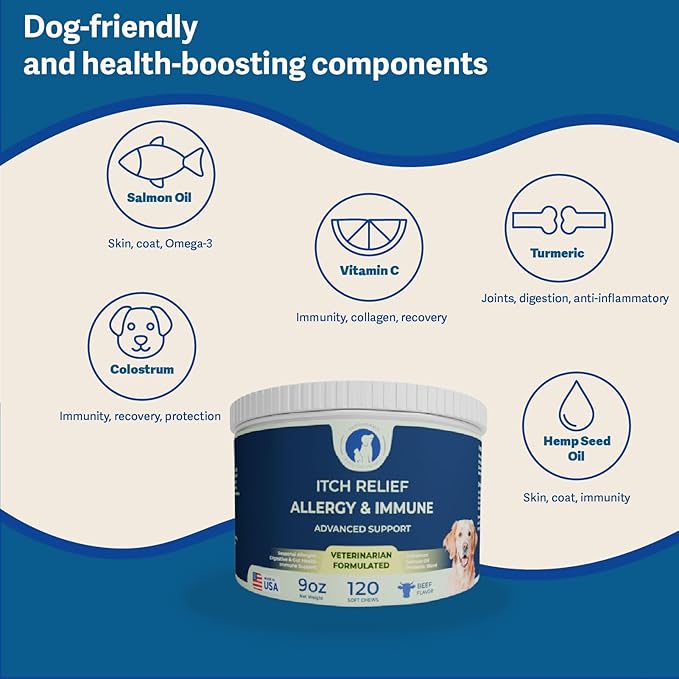 Allergy & Immune Support for Dogs – Soft Chews with Colostrum, Quercetin, Salmon Oil, Hemp Seed Oil, Vitamin C, Turmeric, Bromelain, Probiotics – Itchy Skin Relief, Seasonal Allergy Chews