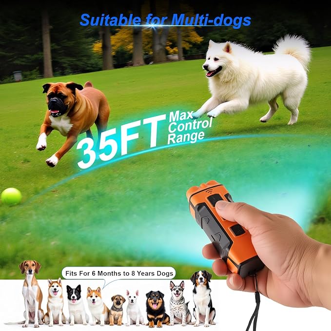 Dog Bark Deterrent Devices Anti Barking Device for Dogs 5in1 Solution for Dog Behavior Problems Safe Portable Flashlight & Beep for Small, Medium & Large Dogs Orange