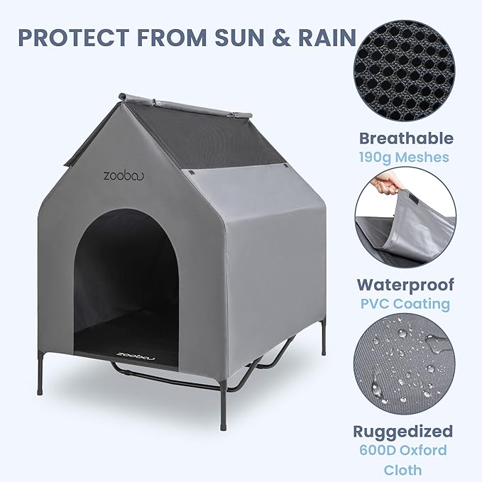 48" XL Outdoor Dog House – Weatherproof Elevated Pet Shelter, Breathable Mesh & Steel Frame, Easy to Assemble & Clean, Large Dog Houses for All Seasons (Grey)