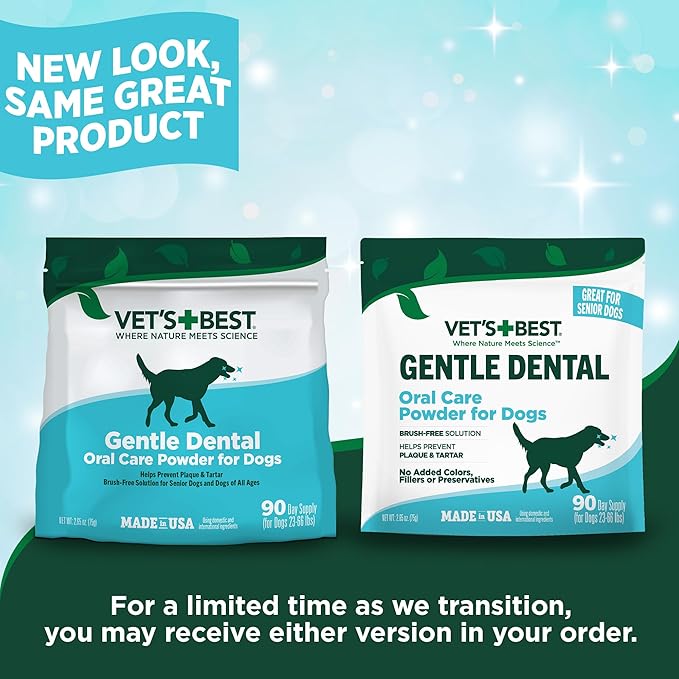 Vet’s Best Dog Teeth Cleaning Powder, Brush-Free Canine Teeth Cleaner & Breath Freshener, Plaque Remover for Teeth, Dog Dental Powder, 90 Day Supply
