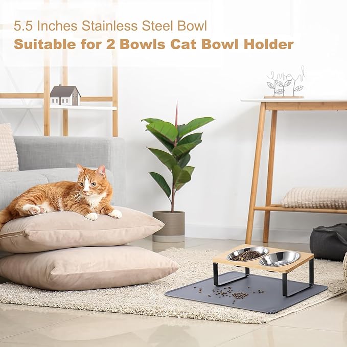 Stainless Steel Raised Cat Food Bowl for 2 Bowls, 5.5-Inch Replaceable Cat Bowl, Pack of 2 (Not fit 4.7 inch 3 Bowls)