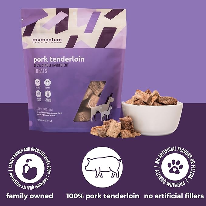 Momentum Carnivore Nutrition Freeze-Dried Pork Bundle –Pork Tenderloin Treats & Training Bites – Single Protein Dog & Cat Treats – Grain-Free, High Protein, USA Made – 3.5 oz and 2.5 oz