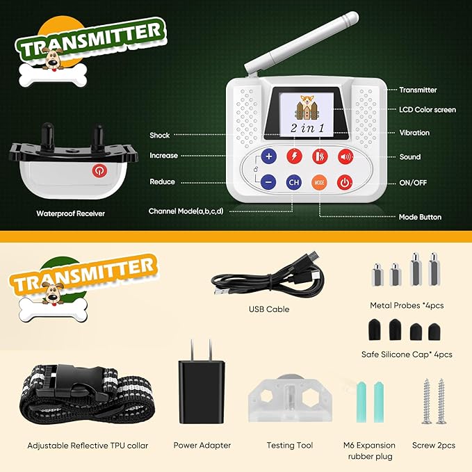 Wireless Dog Fence, Electric Fence for Dog with Big LCD Screen, Portable Pet Wireless Fence with 2.4G Antenna, Waterproof Dog Perimeter Collar for Outdoor Use, Adjustable for Large Medium Small Dogs