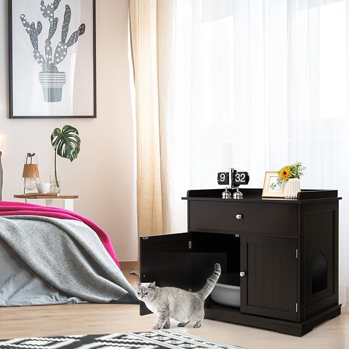 PETSITE Cat Litter Box Enclosure, Large Cat Washroom End Table with Drawer & 2 Doors, Wooden Cat House Storage Cabinet, Hidden Litter Box Furniture, Brown
