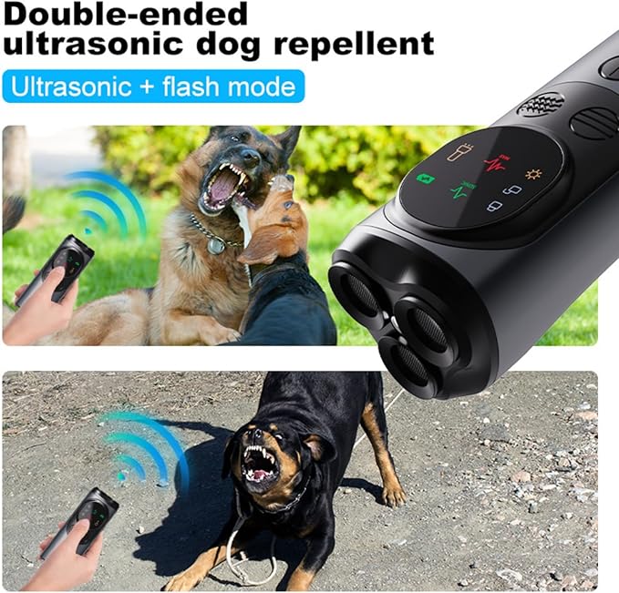 Ultrasonic Dog Bark Deterrent Device with LED Flashlight & Rechargeable Battery, 20ft Range Anti Barking Control for Indoor/Outdoor Use, Safe Alternative to Shock Collars(Three-Headed)