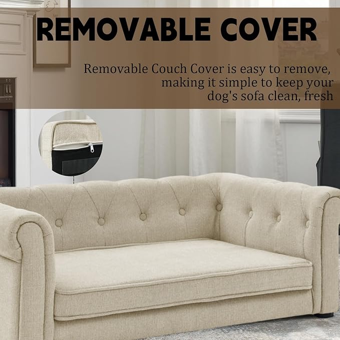 39" Dog Sofa Couch Bed for Small to Large Dogs, Soft Memory Foam Pet Sofa with Removable Cover, Comfortable Pet Couch with Backrest and Armrests, Easy to Clean and Maintain