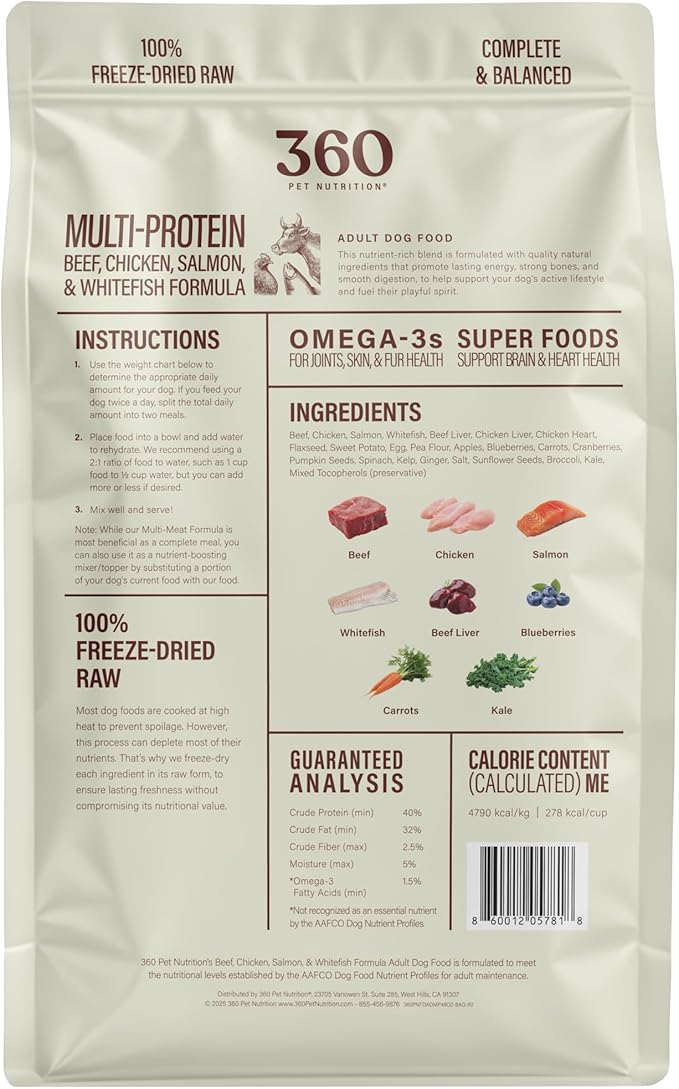 360 Pet Nutrition Freeze-Dried Raw Dog Food, High Protein Meal w/Beef, Chicken,Organs, Whitefish, Omega-3, Fruit&Veg, Superfoods, No Fillers, 48 oz Food/Bites/Kibble (Multi-Protein) Made in USA