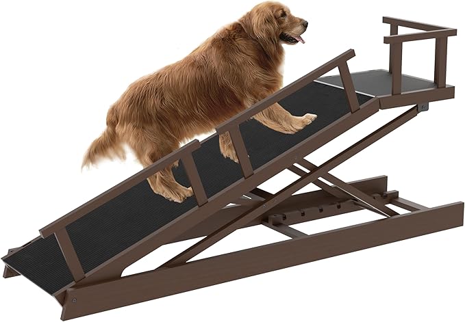 6 Level Height Adjustable Dog Ramp for Bed, Couch 65" Foldable Pet Ramp with Non-Slip Matļ¼DIY Glow Strips & Rest Platform Heavy Duty Dog Stairs for Large Dogs up to 200Lbs ļ¼Brown