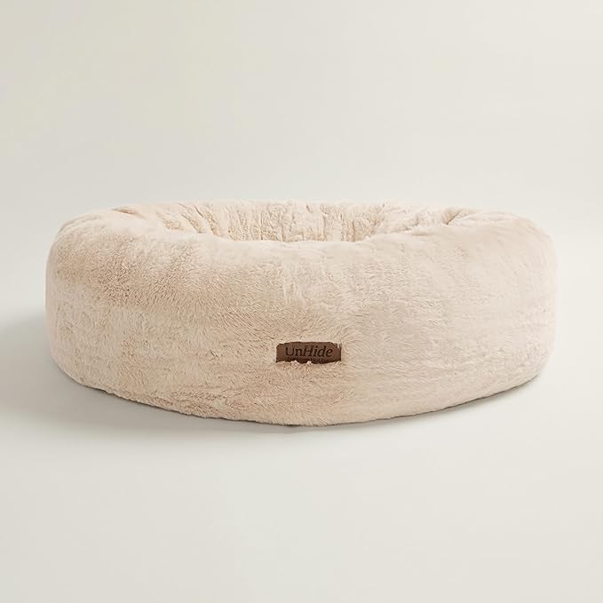 UnHide Floof Pet Bed - XL (40"x14") - Extra Soft Dog Bed - Removable Faux Fur Cover - Machine Washable - Helps Ease Pet Anxiety & Provides The Perfect Sleep, Beige