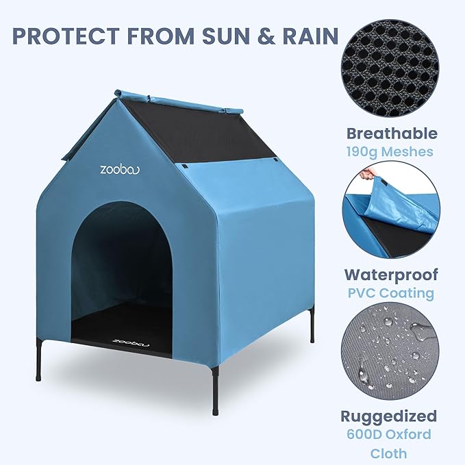 36" Large Dog House for Large Dog Indoor or Outside, Weatherproof 600D PVC Dog House Outdoor, Featuring Breathable 2x1 Textilene Elevated Dog Bed, Easy Clean(Blue)