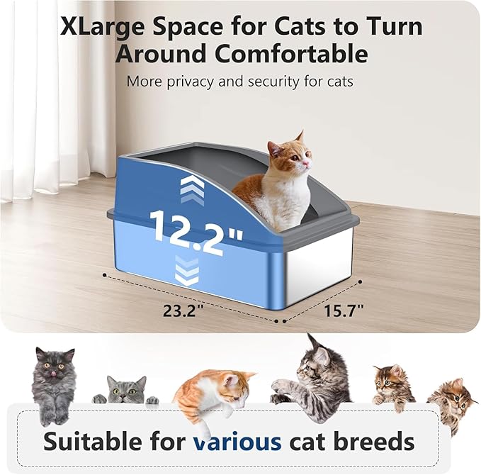 Stainless Steel Litter Box, Extra Large Litter Boxes for Big Cats, XL Metal Cat Litter Box with Lid, Anti-Urine Leakage, Non-Sticky, Include Cat Mat and Litter Scoop