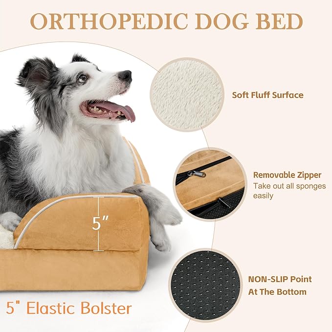Comfort Expression Extra Large Dog Beds, XL Dog Beds Waterproof, Orthopedic Washable Dogs Beds with Bolster, Pet Sofa Couch with Removable Cover & Non-Slip Bottom(X-Large,Khaki)