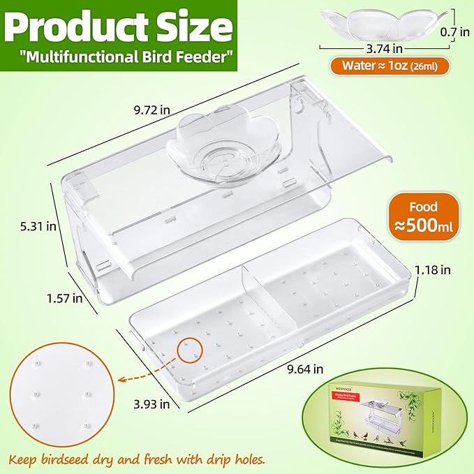 Window Bird Feeder with Non-Marking Self-Adhesive Hooks, Clear and Transparent, Outdoor Wild Bird Watching Gift, Garden Decor (Standard)