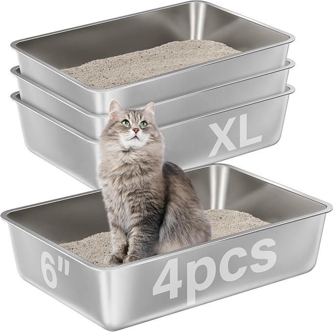 Stainless Steel Litter Box 4 Pack,XL Metal Litter Box for Adult Big Cats,Stainless Steel Cat LitterBox, Cat LitterBox High Sided -Pet Toilet Easy to Clean,Non Stick, No Smell