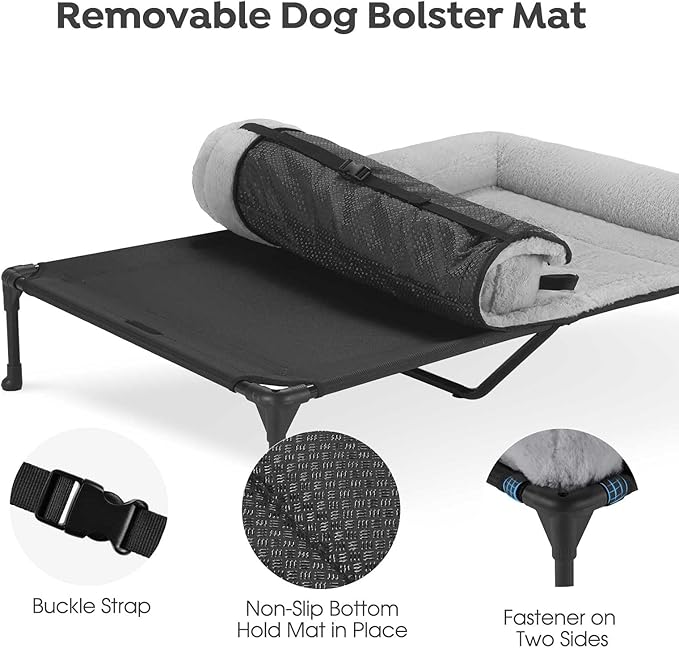 Veehoo Cooling Elevated Dog Bed with Fluffy Plush Bolster Cushion, Indoor Raised Dog Beds for Large Dogs, Soft Pet Sofa Cot with Removable Washable Mat, No-Slip Feet, 49 x 33 inches, Grey