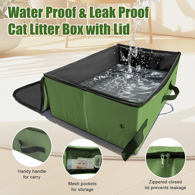 20x14x6.5 Inches, Upgraded Portable Cat Travel Litter Box with Zipped Lid & 10 Liners, Leak-Proof and Foldable Travel Cat Litter Box for Hotels, Car, and Camping, Odor-Free & Waterproof (Army Green)
