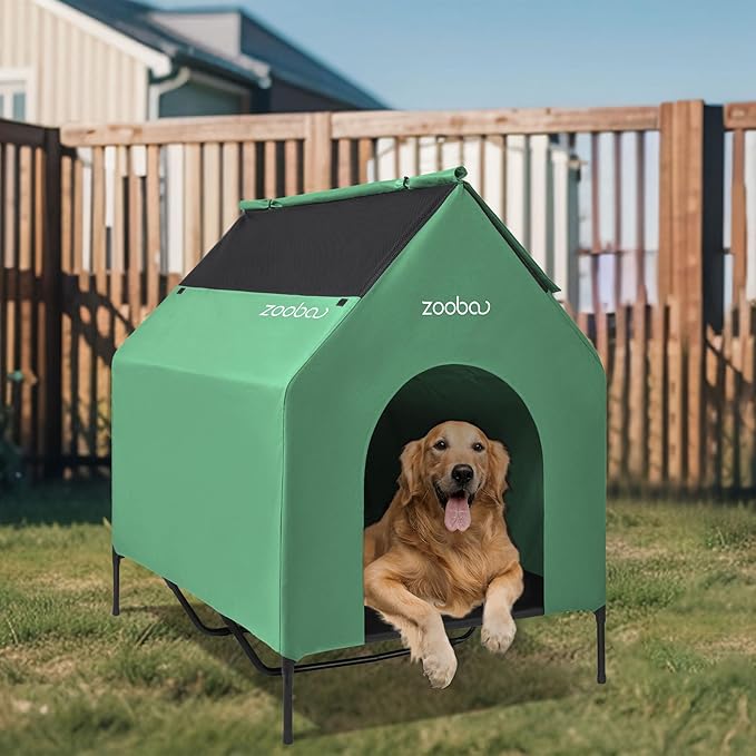 48" XL Outdoor Dog House – Weatherproof Elevated Pet Shelter, Breathable Mesh & Steel Frame, Easy to Assemble & Clean, Large Dog Houses for All Seasons (Green)
