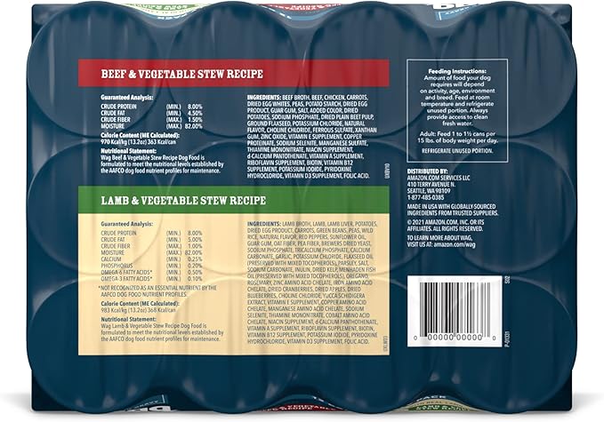Amazon Brand - Wag Wet Dog Food Stew Variety Pack, Lamb & Beef Cuts in Gravy, Made with Natural Ingredients, 13.2 Ounce Cans (Pack of 12)