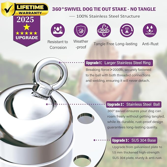 360° Swivel Dog Tie Out Cable and Stake - 2025 Upgrad Stainless Steel Dog Stake Dog Anchor for Small to Large Dogs - No Tangle Reflective Dog Run Cable for Yard (Silver 20 ft Cable)
